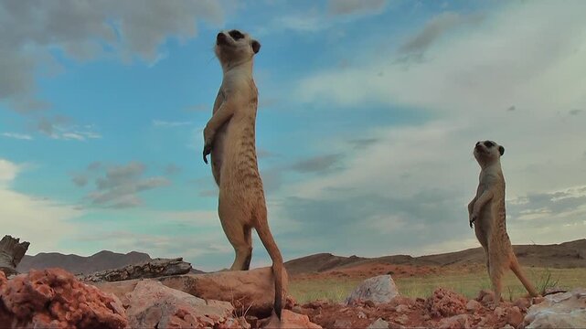 two free living meerkats or  suricates standing upright on lookout watchful, close 7.1