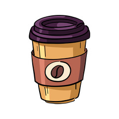 Kraft paper cup with plastic lid for takeaway. Colorful illustration on white. Coffee bean. Coffee drink in cafes, cafeterias, or bakeries. Morning energy hot drinks to boost your mood. Brown coffee