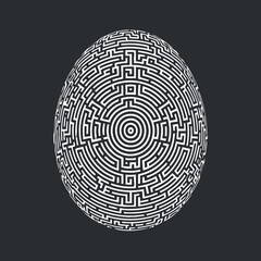 A stylized black and white egg design featuring an intricate maze pattern.