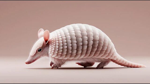 Cute pink fairy armadillo tiny animal in full length side view. Gentle shy pastel wildlife mammal isolated