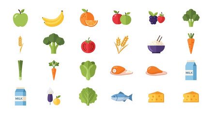 Vibrant collection of fresh fruits vegetables grains protein and dairy icons for healthy eating