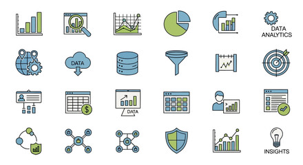 Data analytics icons illustrating business growth, strategy, and insights for presentations