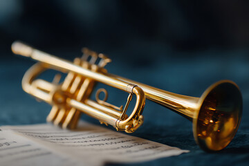 Naklejka premium A shiny brass trumpet rests on sheet music, highlighting the instrument's intricate valves and reflective surface against a blurred dark background