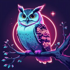 Obraz premium Neon owl perches on branch at night with glowing light circle and star