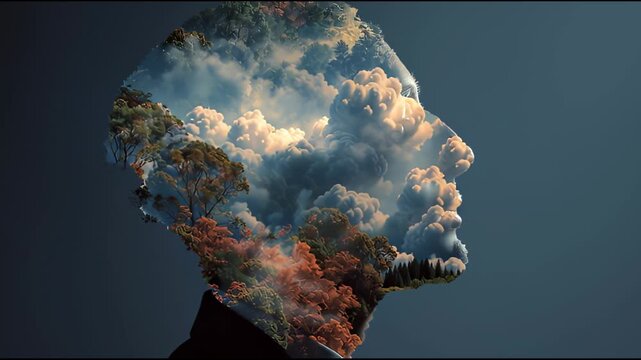 Thoughtful man silhouette double exposure visualizing creative mind with peaceful sky and cloud landscape concept