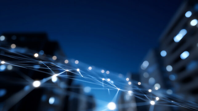 Abstract digital network of glowing data points and connecting lines floating over a blurred cityscape at night, symbolizing technology and connectivity