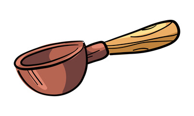 Copper coffee spoon for grinding coffee. Color illustration on white. Metal portion container with wooden spoon. Portion for one coffee drink. Coffee spoon, coffee tamper
