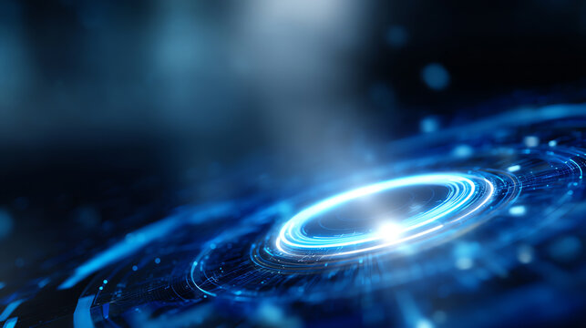 Futuristic digital interface with glowing blue rings and data points, representing advanced technology and virtual information processing in a high-tech environment