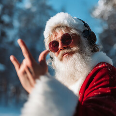 Santa Claus wearing red sunglasses and headphones, enjoying music outdoors in a snowy winter setting, with a confident and relaxed expression
