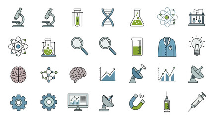 Explore science and technology with this icon set featuring research, innovation, and medical advancements