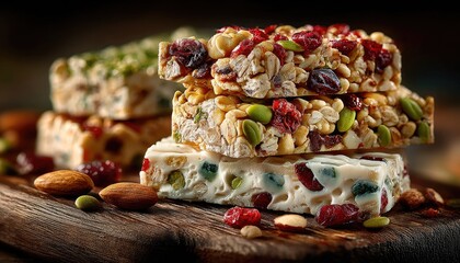 Stacked granola bars, various flavors, on a rustic wooden board