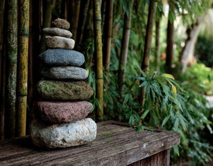Stacked stones in a garden setting