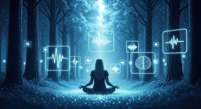 Woman Meditating in Forest with Digital Interface for Mental Health and Wellbeing