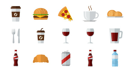Appetizing food and drink icons for restaurant menu or culinary blog, offering variety and deliciousness