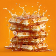 Stacked waffles drenched in syrup, with splashes