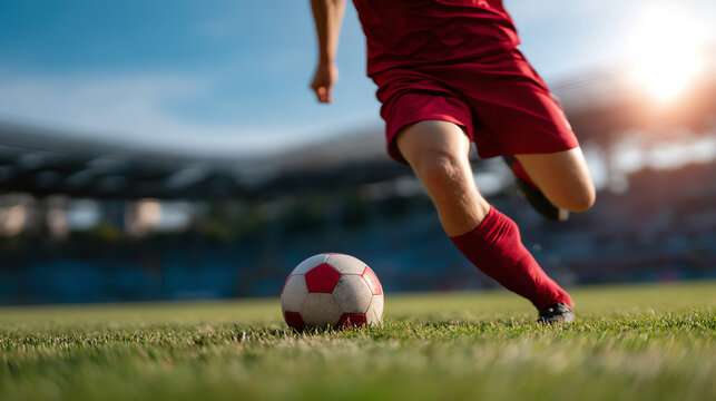 Soccer player in red uniform is about to kick a ball on a grass field during a sunny day in a stadium with blurred spectators in the background