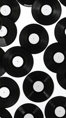 Many black vinyl records, white labels, close-up
