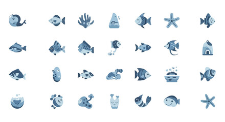 Charming collection of stylized aquatic creatures and ocean elements in a playful blue palette.