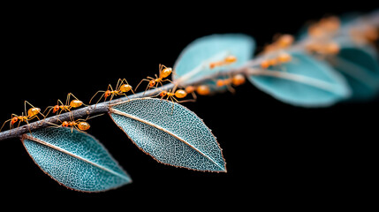 Weaver ants crossing leaf on black background