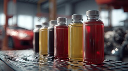 Several colored fluids in bottles on a metal surface, blurred car and engine parts in background