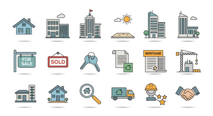 Real estate icon set for home sales, mortgage, construction and property management services promotion