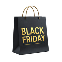 Black Friday shopping bag with golden lettering for retail excitement on a transparent background, cut out