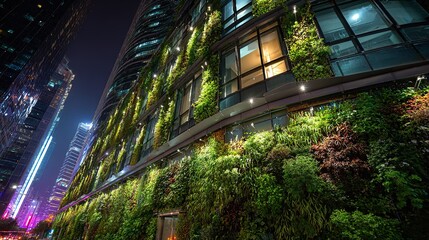 vertical greening curtain walls of high - rise buildings, rich and diverse plant species, equipped with automatic irrigation and lighting systems