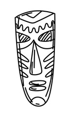 Wooden totem mask of Native Americans in the doodle style. A stretched wooden mask with a face image for rituals. A totem for protection and rituals. Engraving, graphics, and shading. American Indians