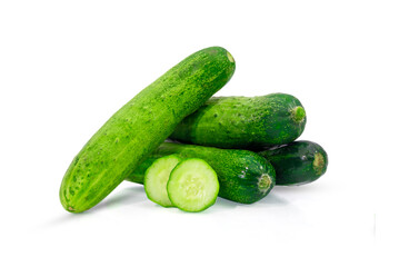 Fresh green cucumber with slices isolated on white background