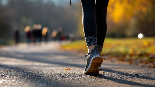 Close-up of a person walking on a paved path in a park with sunlight casting long shadows and blurred people in the background during autumn