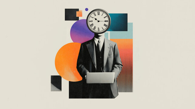 Surreal office worker with laptop and clock above head in minimalist retro art collage style, inspired by Magritte, on light gray background with colorful design