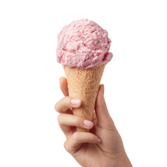 Enjoying a colorful ice cream cone on a sunny day on a transparent background, cut out