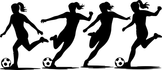 Four isolated black silhouettes of female athletes playing football in dynamic motion. Vector illustration of women's soccer players kicking and dribbling balls for sports concepts