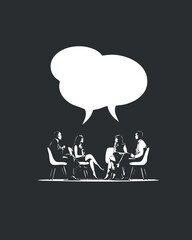 Obraz premium Silhouette of four people engaged in conversation with speech bubbles above them.