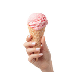 Enjoying a delicious strawberry ice cream cone on a sunny day on a transparent background, cut out