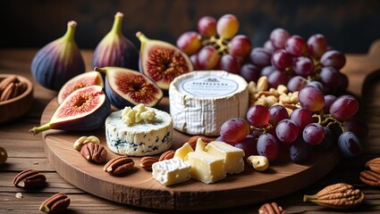 Gourmet cheese selection with figs, red grapes, and nuts served on wooden board