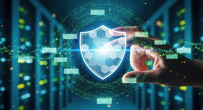 Cybersecurity Shield Protecting Server Room Data with Hand Touching Digital Interface