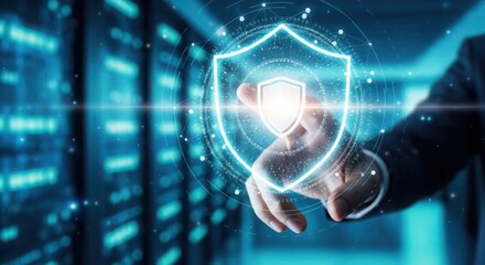 Cybersecurity expert activating a digital shield over server room for data protection