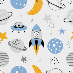 Seamless pattern with cute planets, stars, ufo, earth, constellations, rockets, space, saturn on gray background. Creative kids texture for fabric, prints, wallpaper, decorations, textiles.