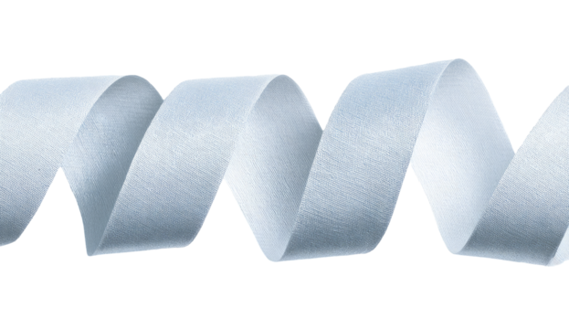 Light gray, curled ribbon.  A light grayish-blue ribbon, tightly wound in a spiral pattern.  The ribbon appears smooth and textured
