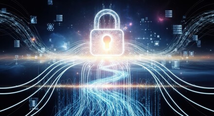 Digital Security Concept with Glowing Padlock and Data Streams in Cyberspace