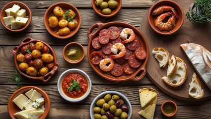 Delicious tapas selection with cheese, bread, olives, chorizo and potatoes on a wooden table