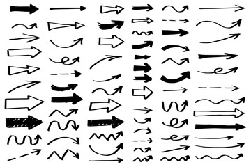 Hand drawn doodle arrows set. Playful sketch style vector elements for creative design, notes, maps, and infographic decoration.