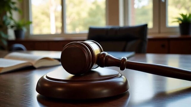 In the foreground (the judge's gavel) and a stand. The hammer lies on a stand, which can symbolize justice or a court session.