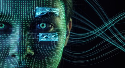Human Face with Digital Code Overlay and Flowing Light Streams Concept
