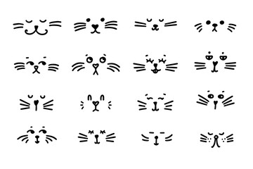 Set of cute doodle cat faces with various emotions in hand drawn outline style. Perfect for stickers, kids projects, prints, and playful digital design.