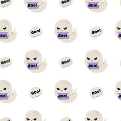 Cute Ghost Holding Boo Sign Seamless Pattern. Halloween Spooky Text Background for Textile, Party Decor, Gift Wrap, Scrapbooking and Festive Design