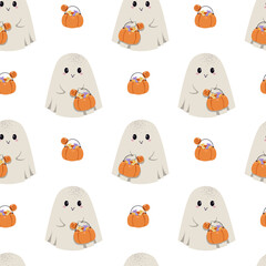 Cute Ghost with Candy Bag and Pumpkin Seamless Pattern. Halloween Repeat Background for Textile, Gift Wrap, Party Decor, Scrapbooking and Festive Design