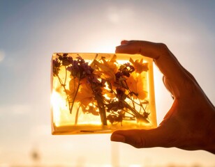 Hand holding a block of resin with flowers against the sun