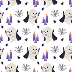 Cute Vampire Ghost with Cobweb and Spider, Candles Seamless Pattern. Halloween Repeat Background for Textile, Gift Wrap, Scrapbooking, Party Decor and Festive Design Projects
